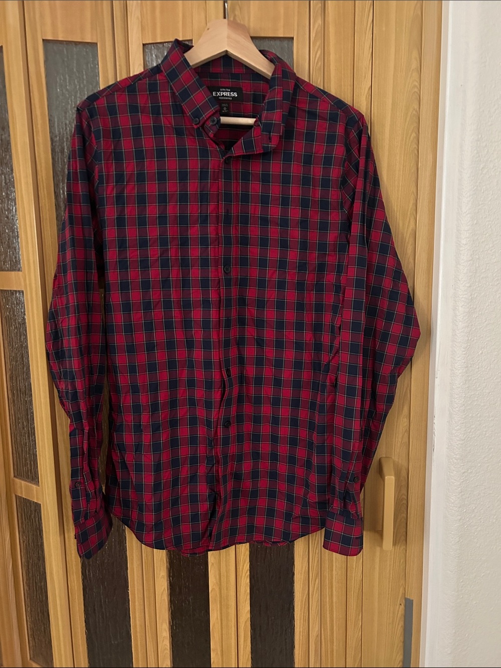 Express Men’s Red and Black Plaid Casual Button-Down Shirt